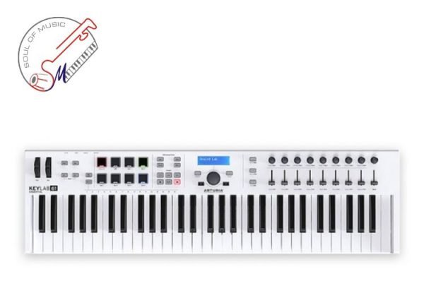 Arturia KeyLab Essential 61 mk3 MIDI Controller with 61 Velocity-Sensitive keys, 9 Encoders, 9 Sliders, 8 RGB Pads - USB-C, Midi Out, LCD Screen, Bundled Software and DAW Integration - White