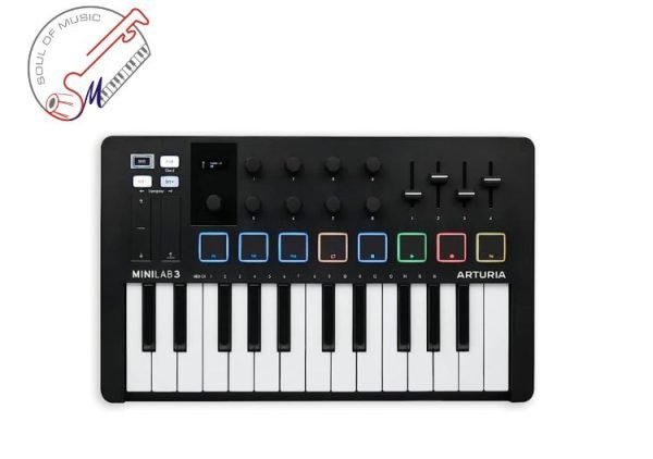 Arturia MiniLab 3, 25 Slim-Key USB-C Midi Controller with 5-Year Warranty, 8 Backlit LED Pads, 8 Knobs, 4 Faders, Midi Out, Built-in Arpeggiator, Chord mode and Music Production Software Bundle