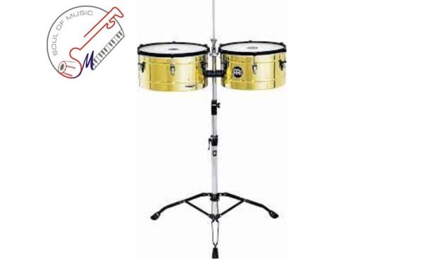 Meinl Percussion Marathon Series Brass Finish Steel Timbales, 14"(36CM) and 15"(38CM) with Stand