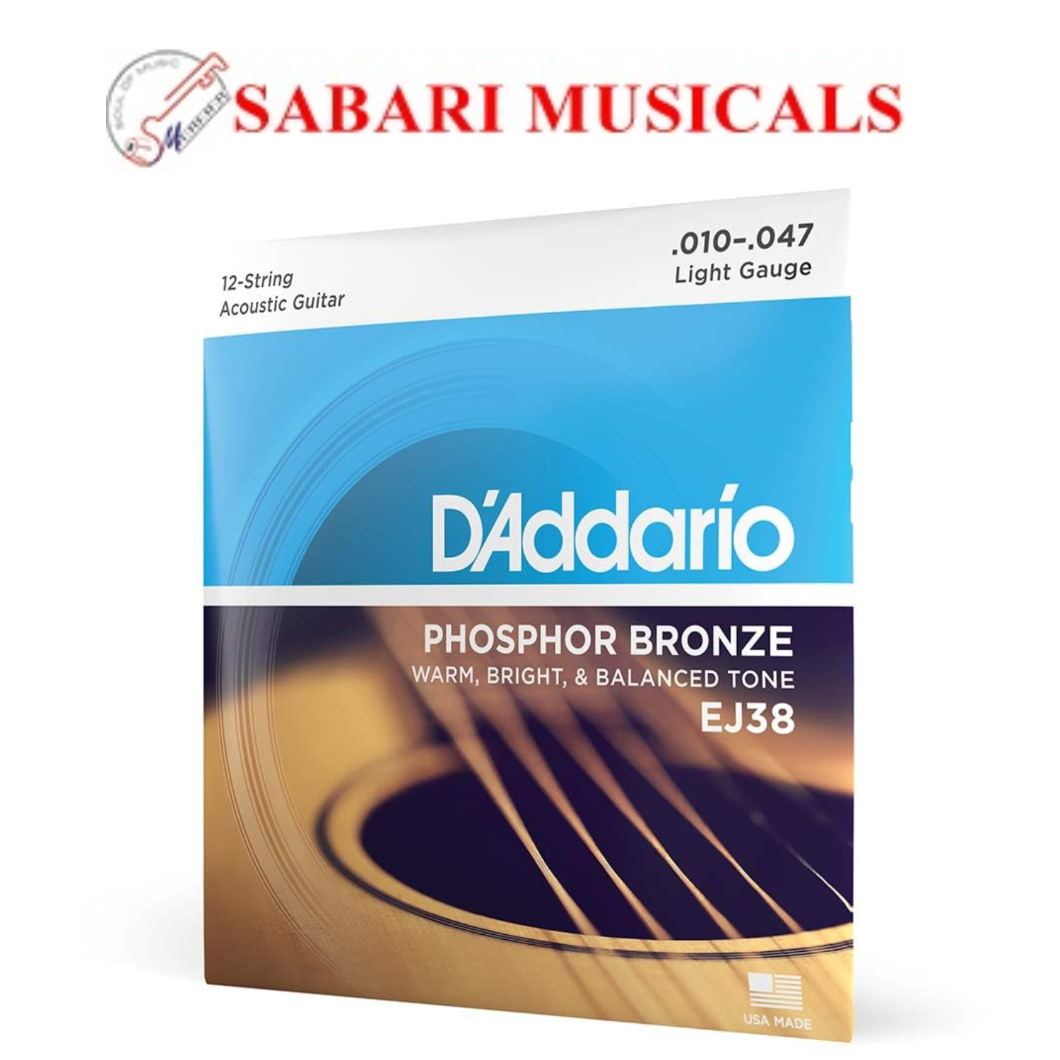 D'Addario, Acoustic Guitar String, 12 String, Phosphor Bronze .010-.047 -Set EJ38