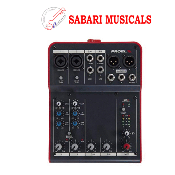 Proel MQ6 - Ultra-compact mixer with 6 inputs and 2 output buses for Singing, Live and Karaoke, Black/Red (MQ6)