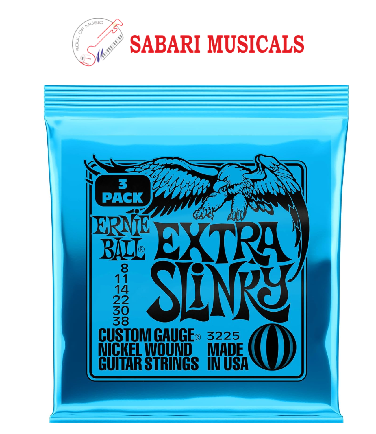 Ernie Ball Extra Slinky Nickel Wound Electric Guitar Strings 3-pack, 8-38 Gauge (P03225)
