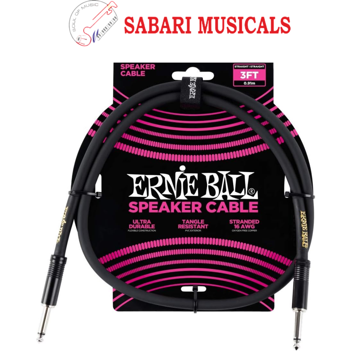 Ernie Ball Speaker Cable, Straight/Straight, 3ft, Black (P06071)