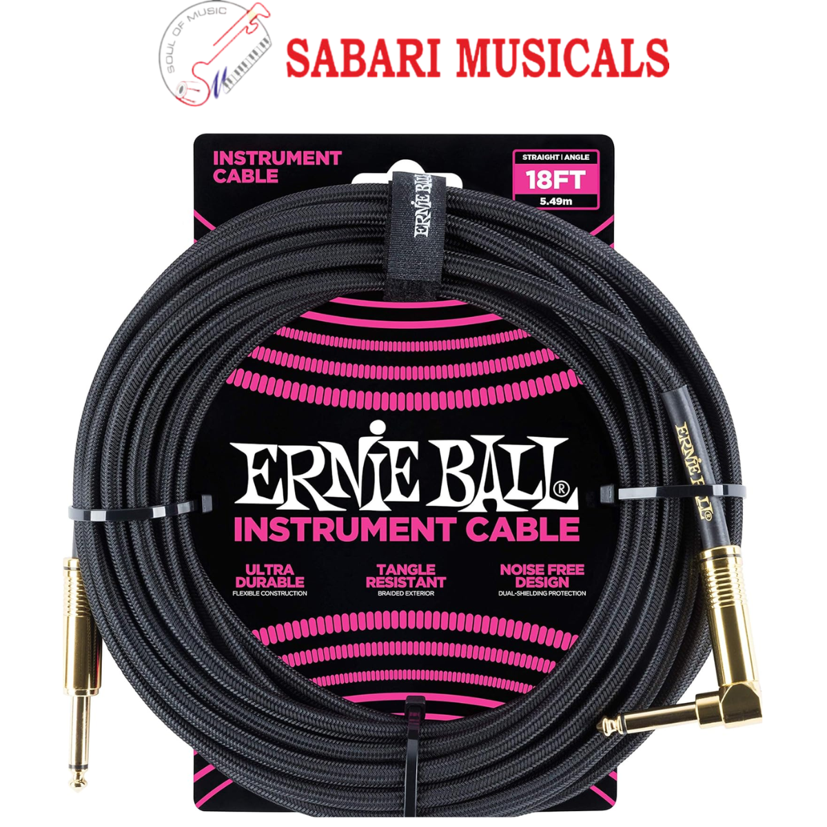 Ernie Ball Braided Instrument Cable, Straight/Angle, 18ft, Black (P06086)