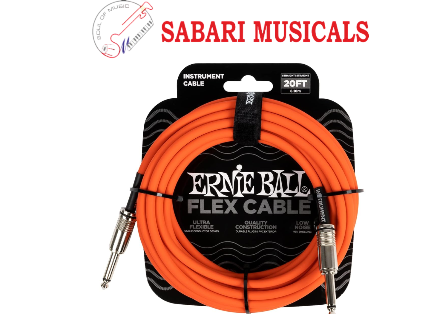 Ernie ball 6421 FLEX Straight to Straight Guitar Instrument Cable 20 ft. Orange