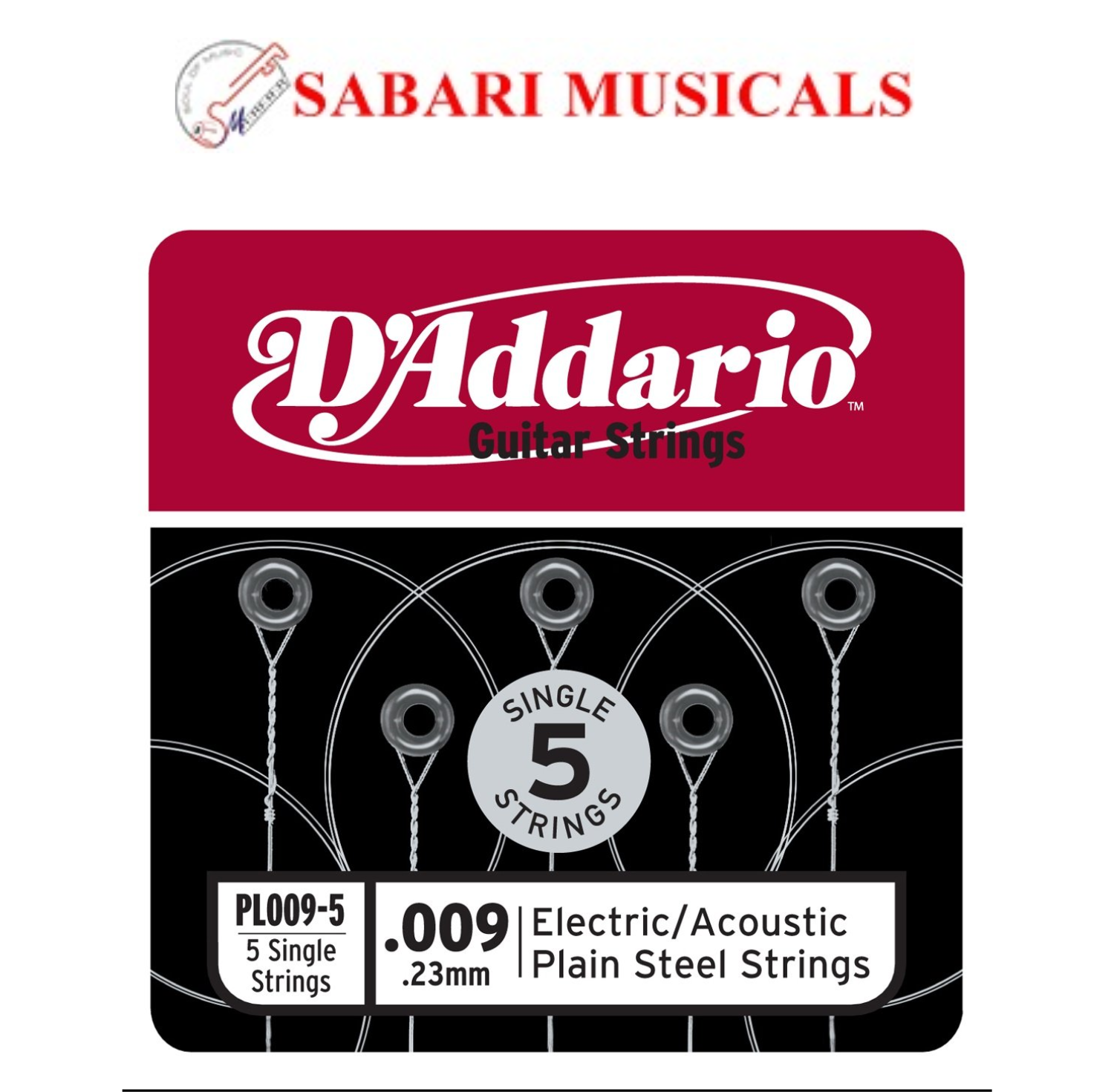 D'Addario PL009-5 Plain Steel Guitar Single String.009, 5-pack