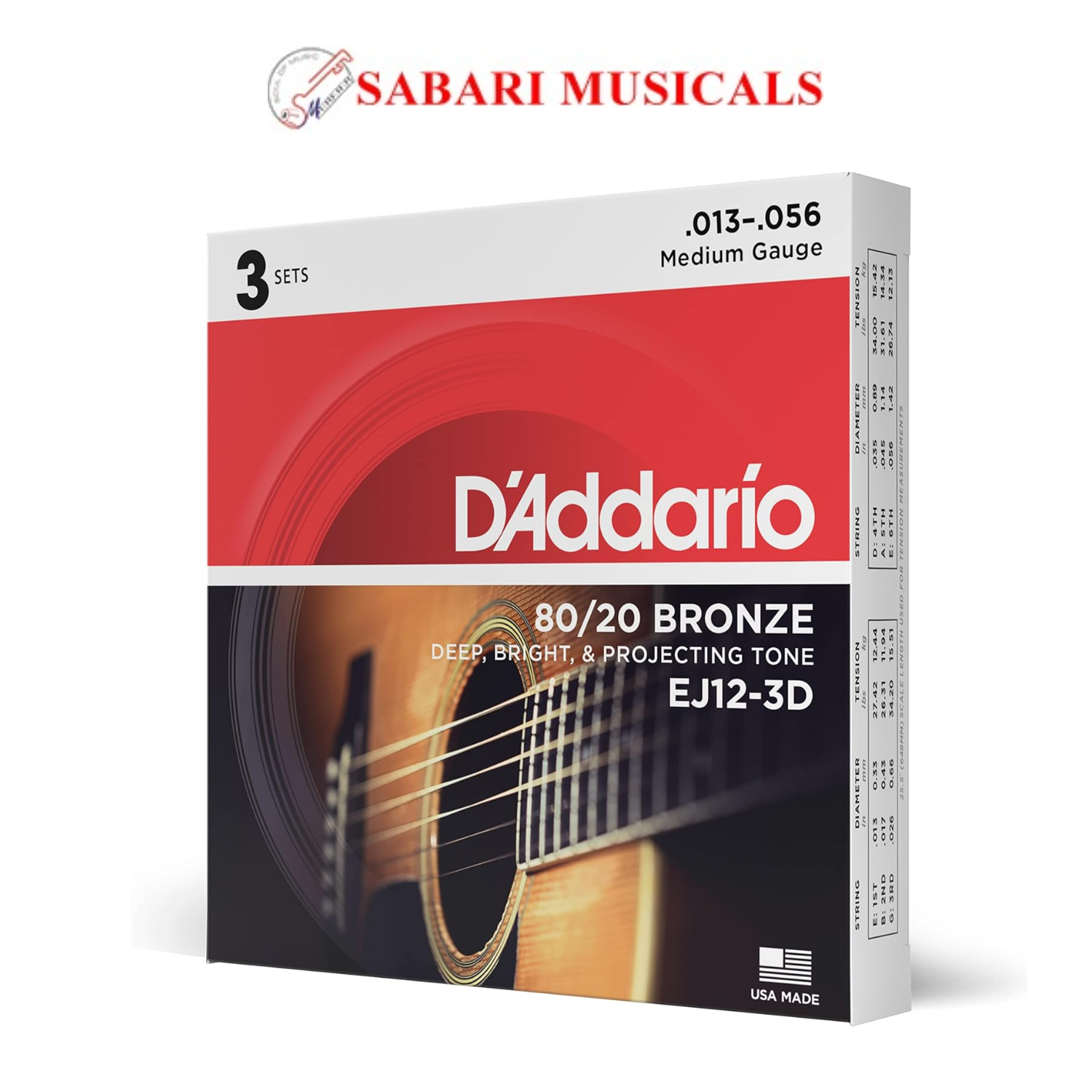 D'Addario Acoustic Guitar Strings, 80/20 Bronze, EJ12-3D, Medium Gauge 13-56, 6-String Set, Pack of 3