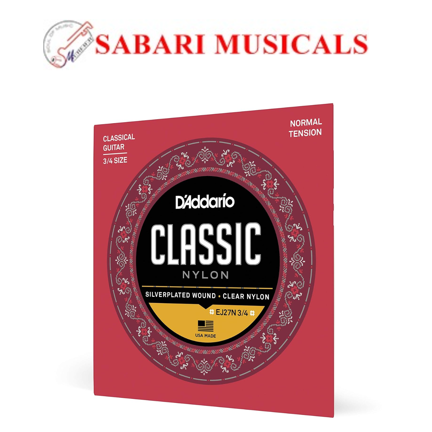 D'Addario EJ27N 3/4 Student Nylon Fractional Classical Guitar Strings, Normal Tension