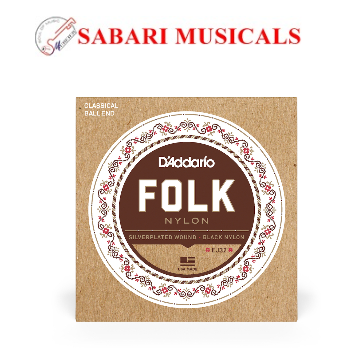 D'Addario EJ32 Folk Nylon Guitar Strings, Ball End, Silver Wound/Black Nylon Trebles