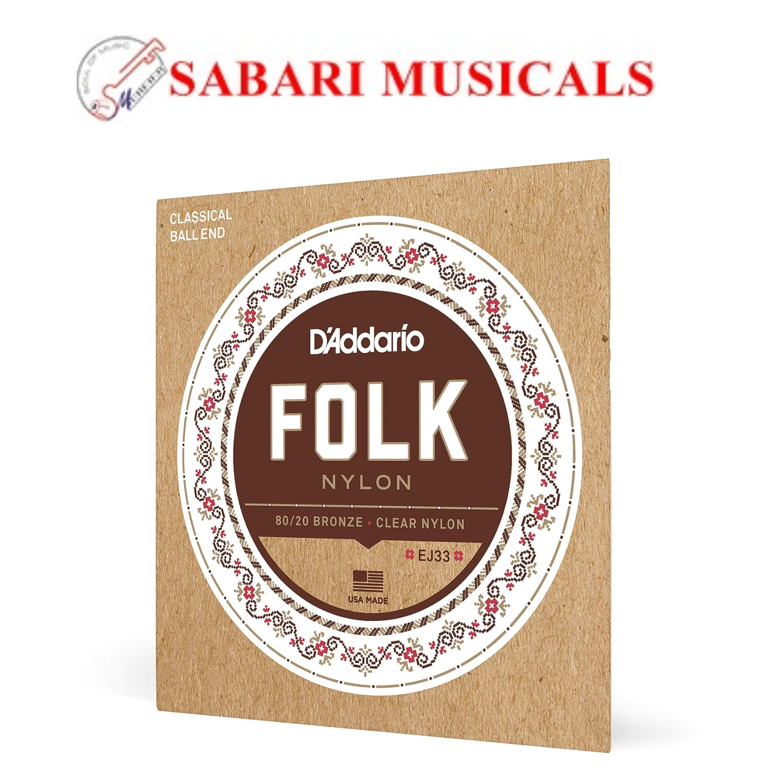 D'Addario EJ33 Folk Nylon Guitar Strings, Ball End, 80/20 Bronze/Clear Nylon Trebles