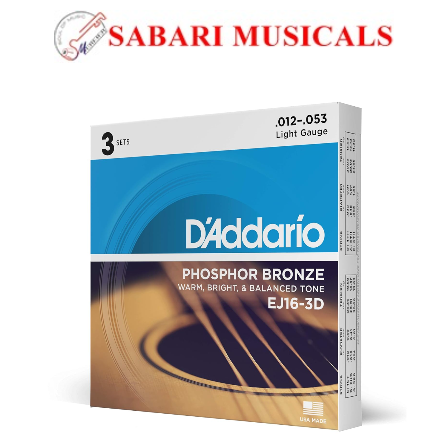 D'Addario EJ16-3D Phosphor Bronze Acoustic Guitar Strings, Light, 3 Sets