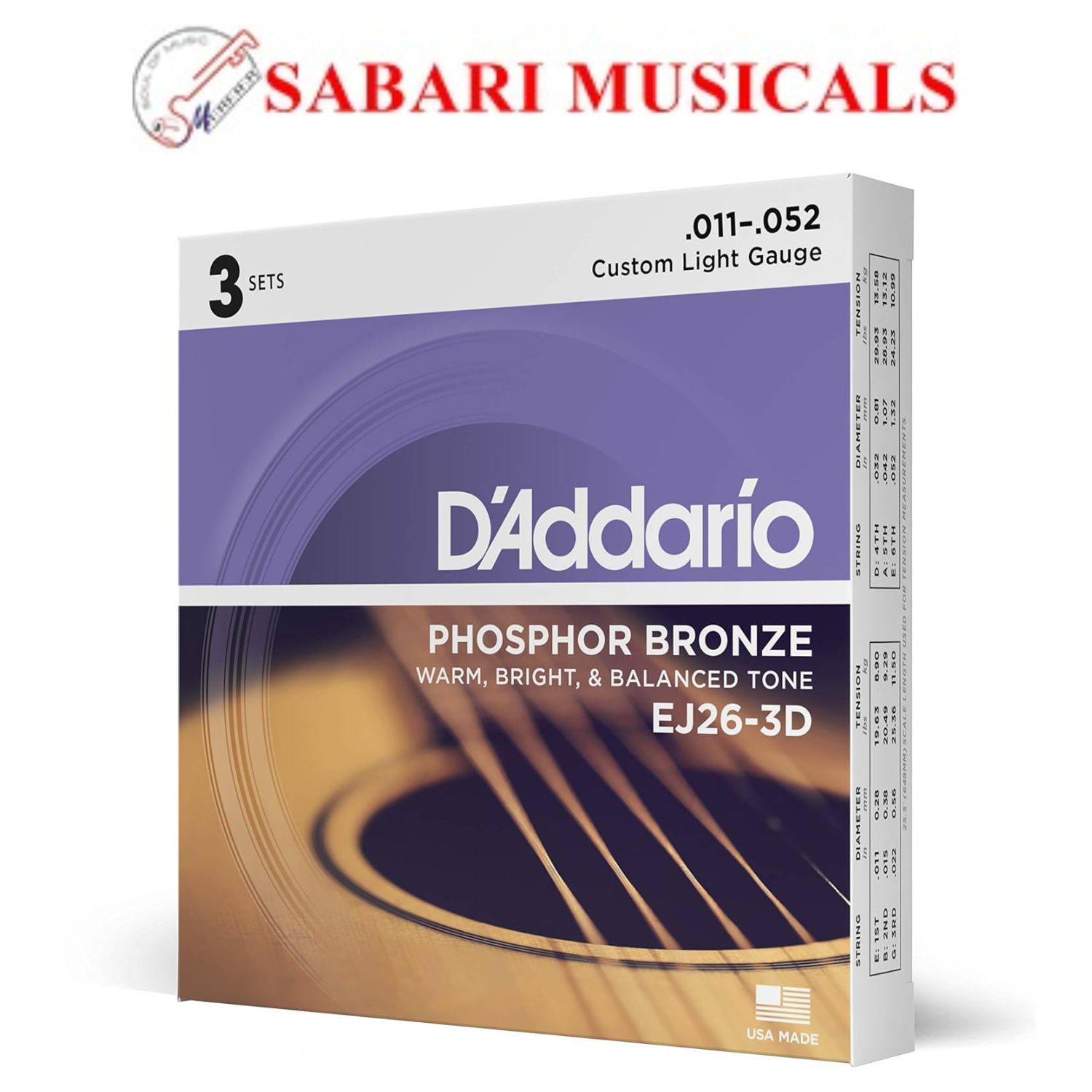 D'Addario EJ26-3D Phosphor Bronze Acoustic Guitar Strings, Custom Light, 11-52, 3 Sets