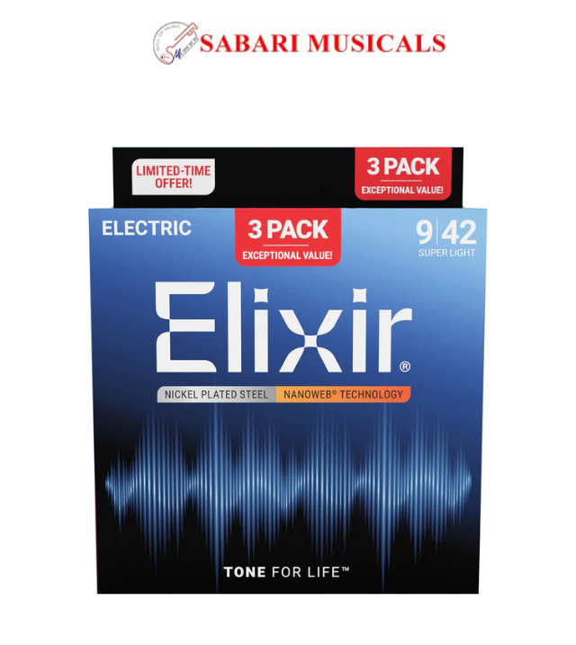 Elixir 16566 Nanoweb Electric Guitar Strings, Super Light, 9-42, 3-Pack