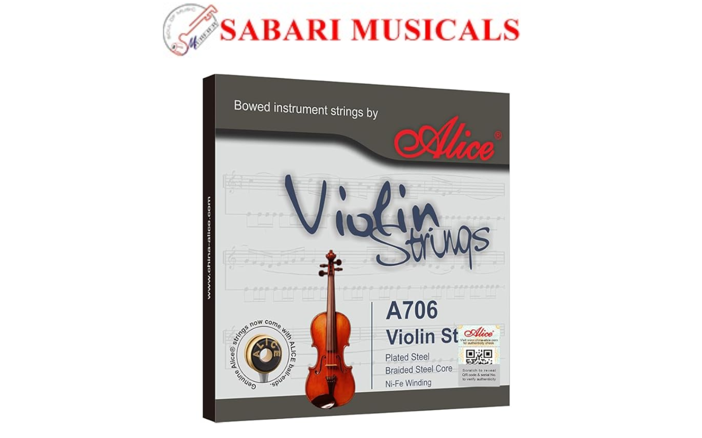 Alice A706 Violin Sting Set, Plated Steel Plain String, Braided Steel Core, Ni-Fe Winding