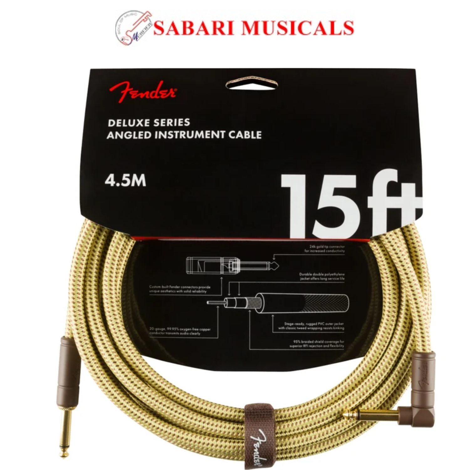 Fender 0990820086 15 Feet Deluxe Series Instrument Cable Straight/Angle- Tweed